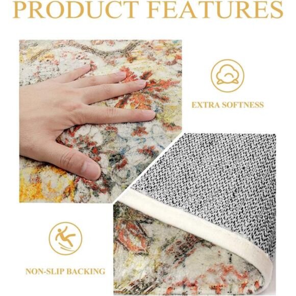 Boho Machine Washable Rugs Area Rugs for Living Room Non-Slip Throw Bedroom Rug - Picture 4 of 7